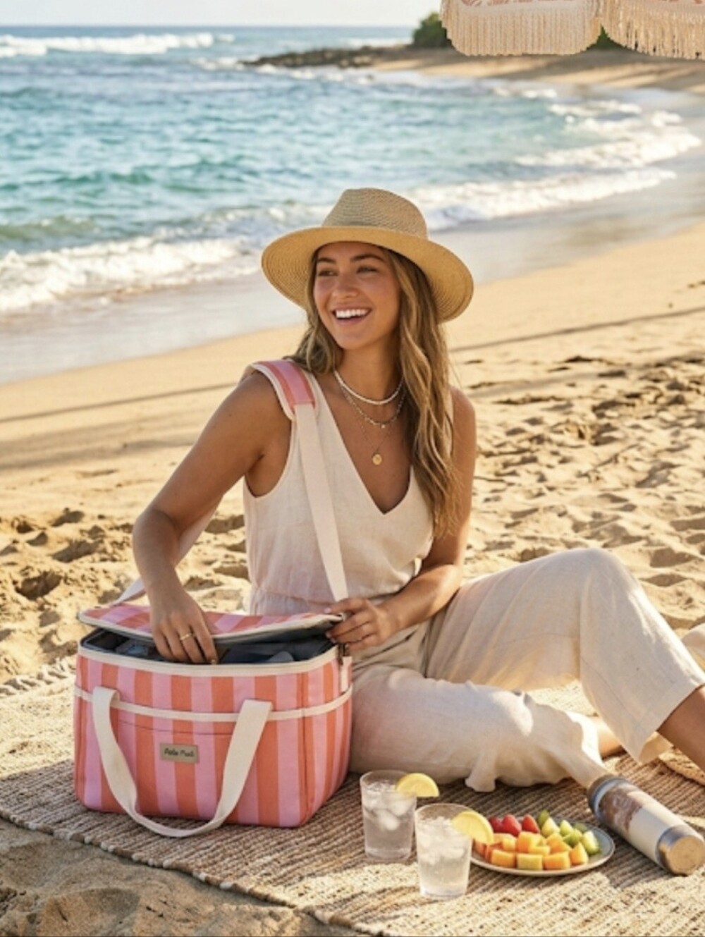 Polar Pack Insulated Stripe Cooler Bag Pink Orange Cabana Beach Picnic EUC